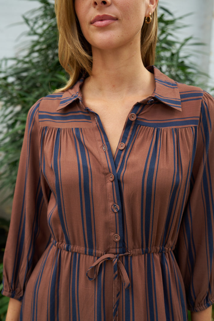 Diaz Maxi Dress-Brown with blue stripe