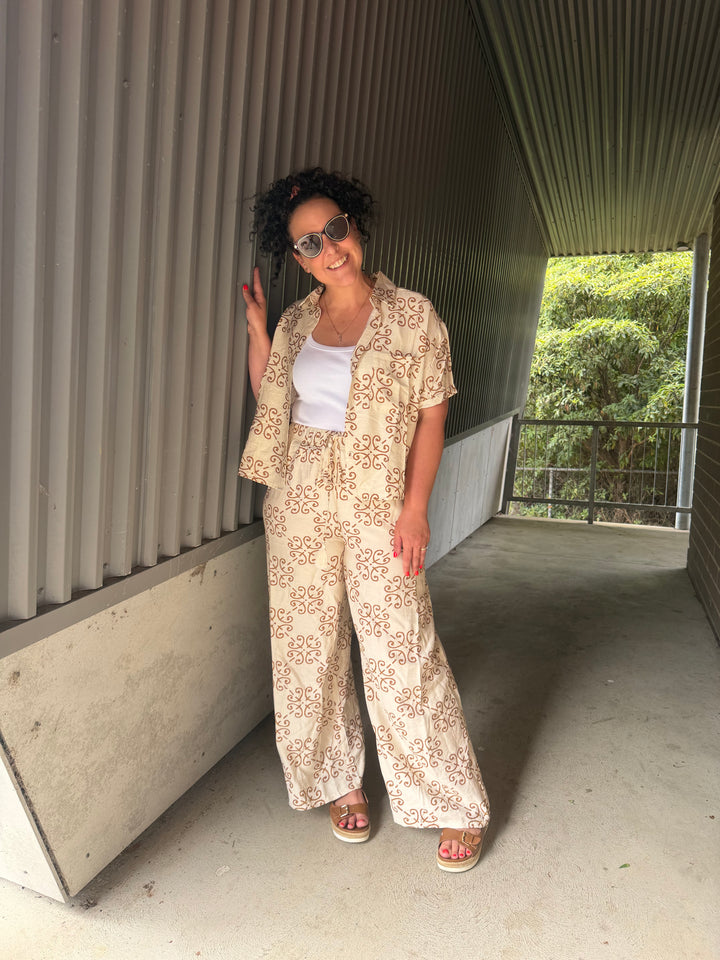 Zara Relaxed Fit Pants - Art Deco Tile Print Mocha