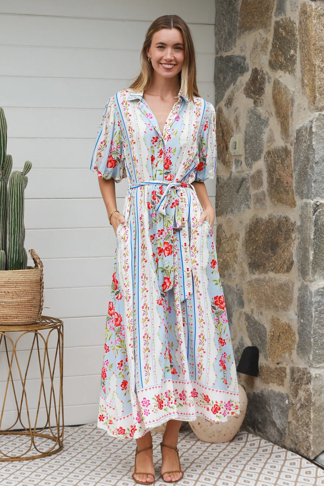 Emberlynn Midi Dress - White & Blue Floral