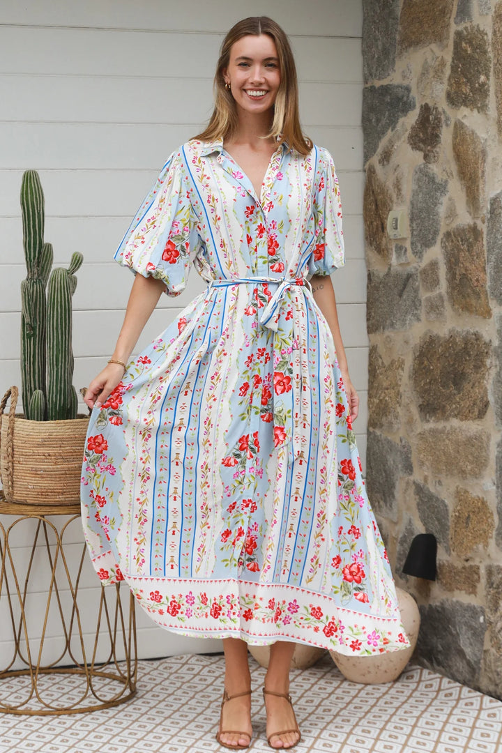 Emberlynn Midi Dress - White & Blue Floral