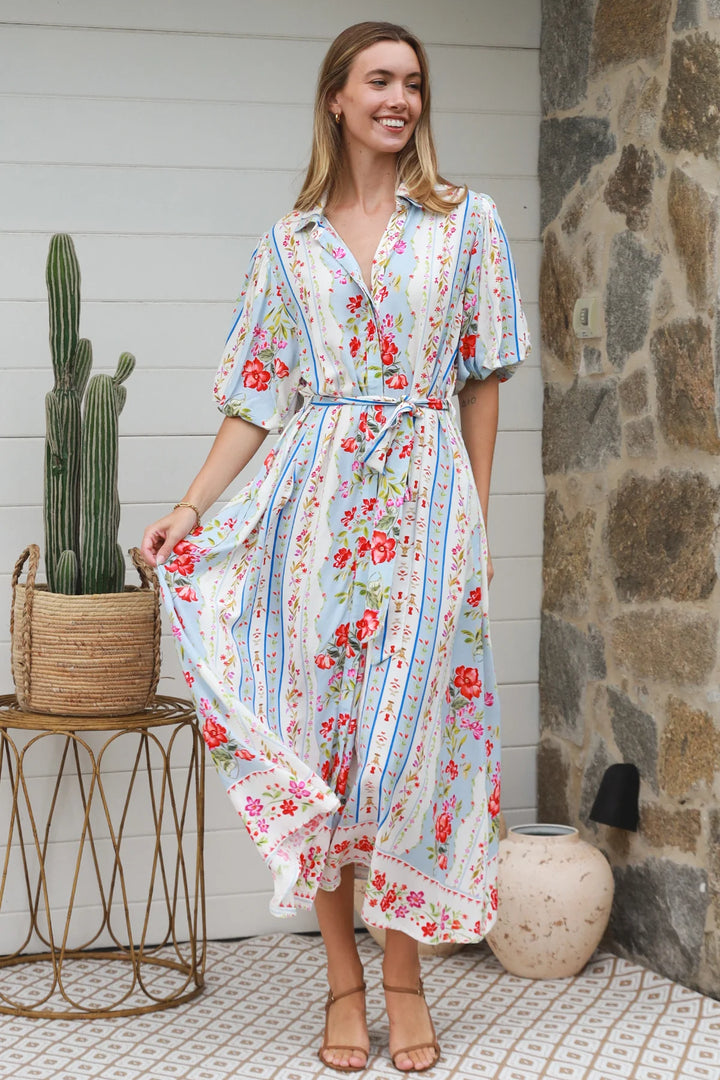 Emberlynn Midi Dress - White & Blue Floral