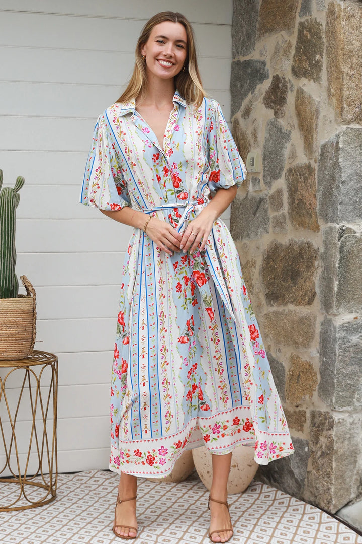 Emberlynn Midi Dress - White & Blue Floral