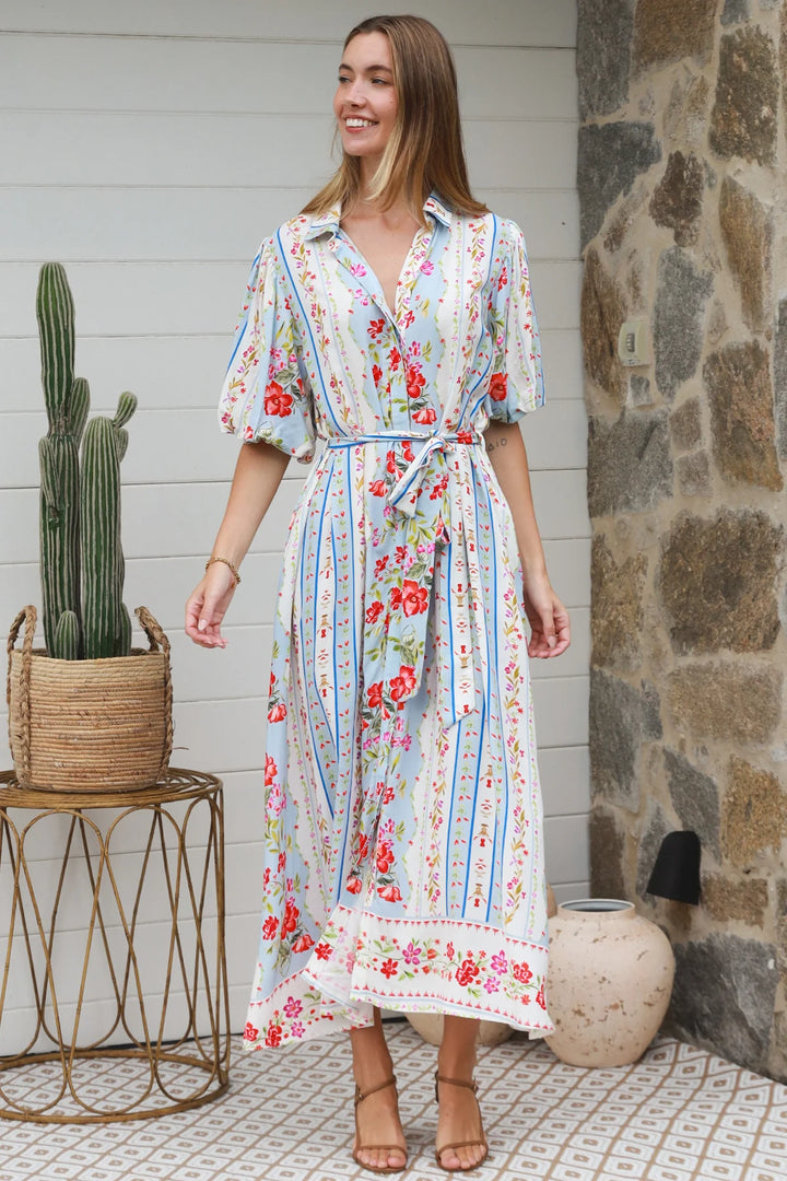 Emberlynn Midi Dress - White & Blue Floral