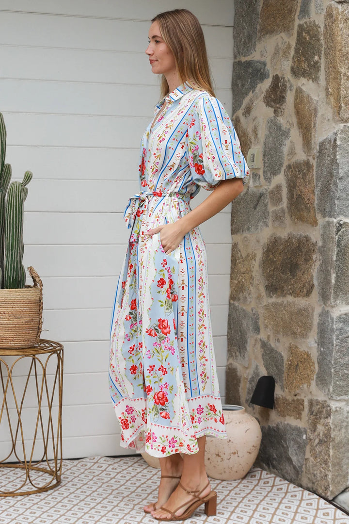 Emberlynn Midi Dress - White & Blue Floral