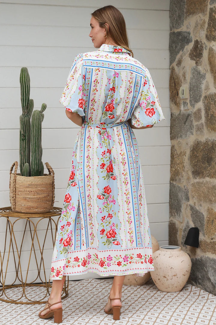 Emberlynn Midi Dress - White & Blue Floral