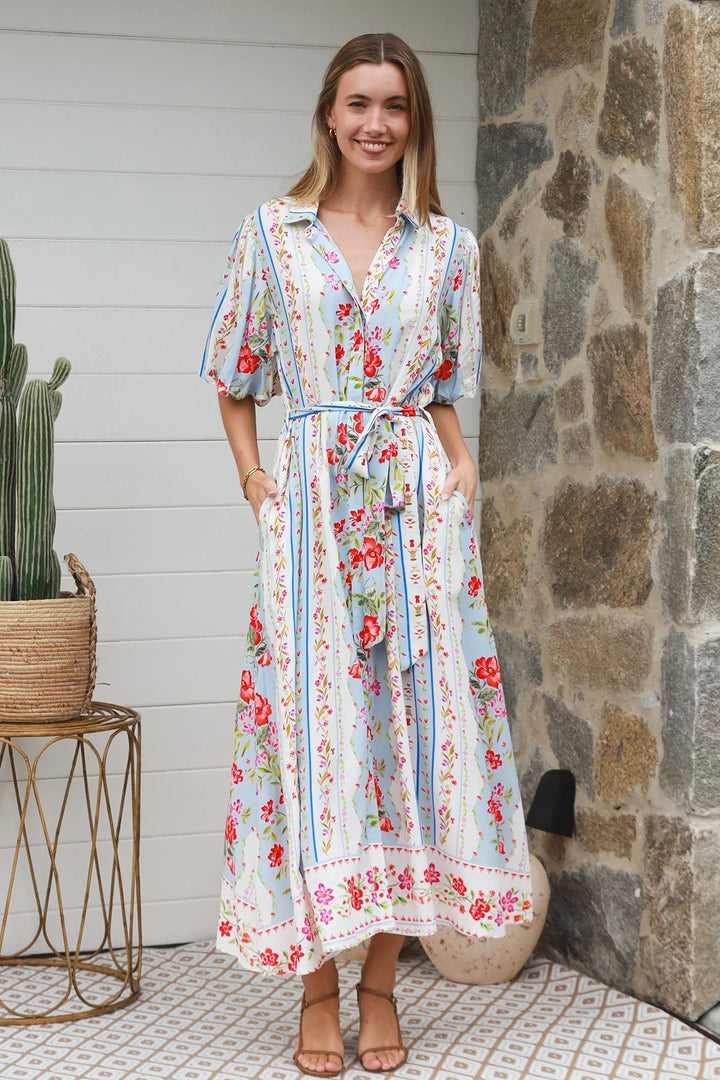 Emberlynn Midi Dress - White & Blue Floral