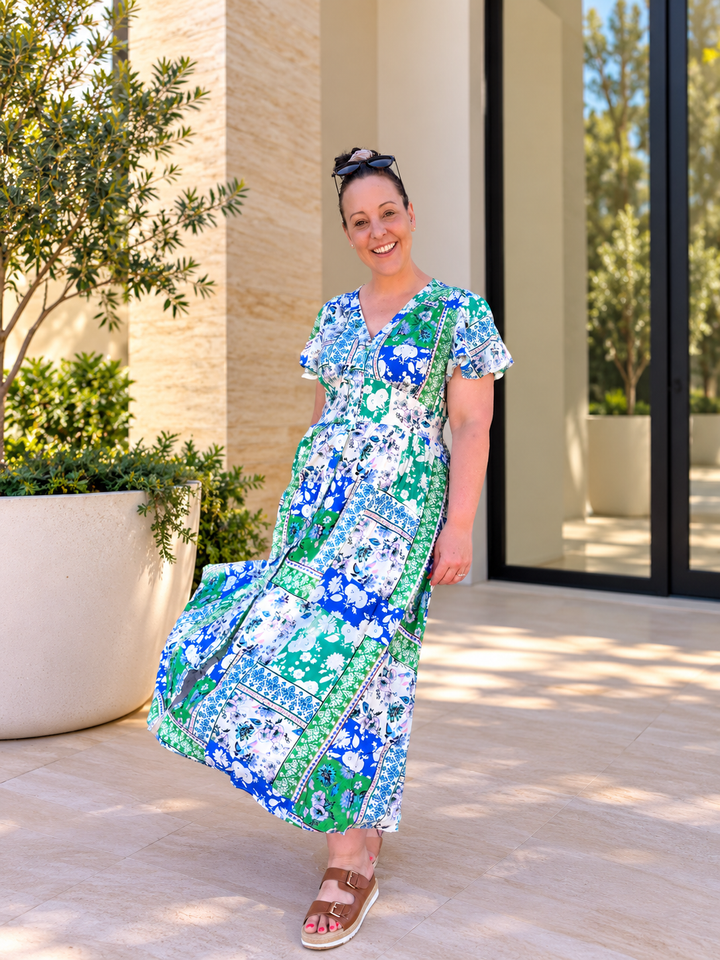 Amie Midi Dress - Green & Blue Print