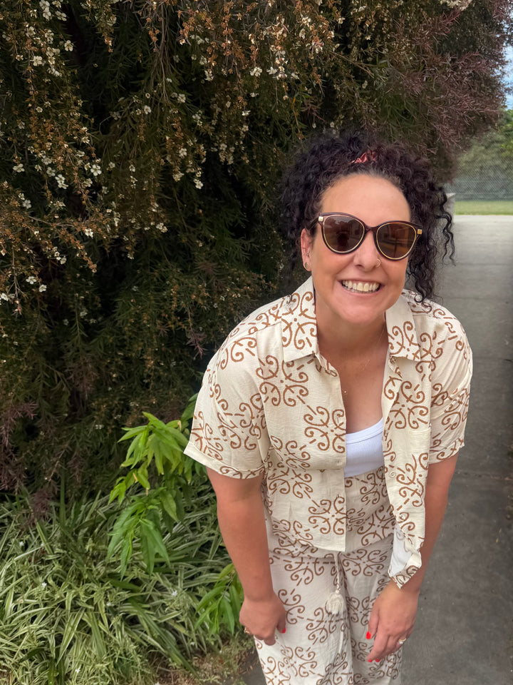 Zara Short Sleeve Shirt - Art Deco Tile Print Mocha