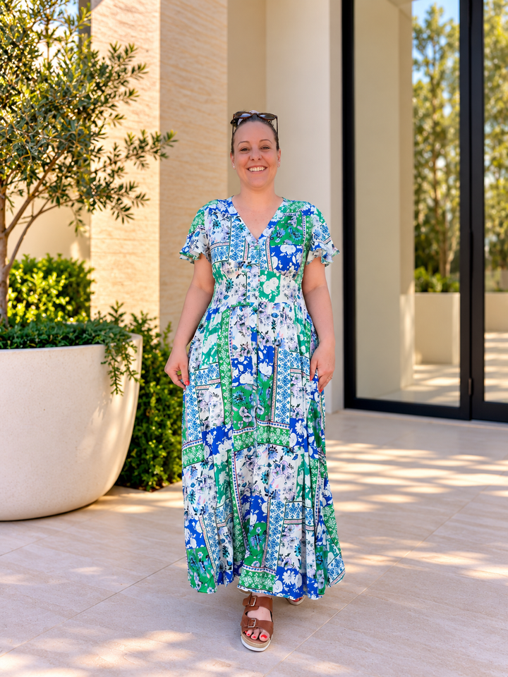Amie Midi Dress - Green & Blue Print