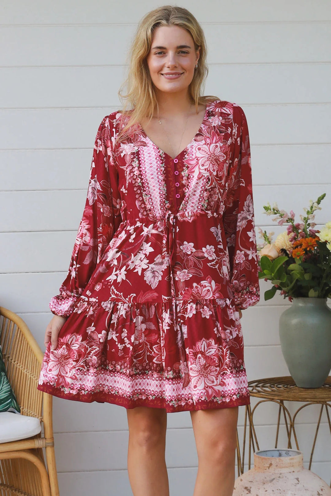 Fiona Knee Length Dress - Maroon Floral