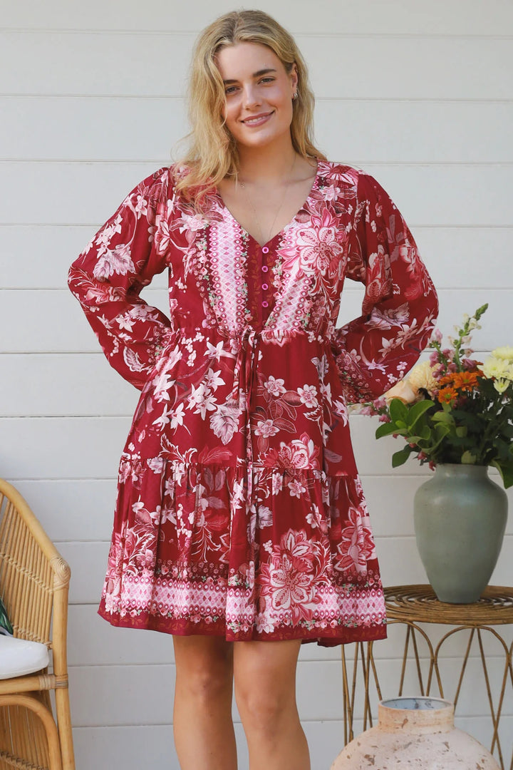 Fiona Knee Length Dress - Maroon Floral