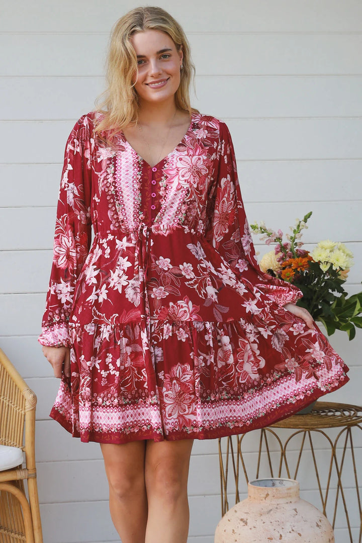 Fiona Knee Length Dress - Maroon Floral