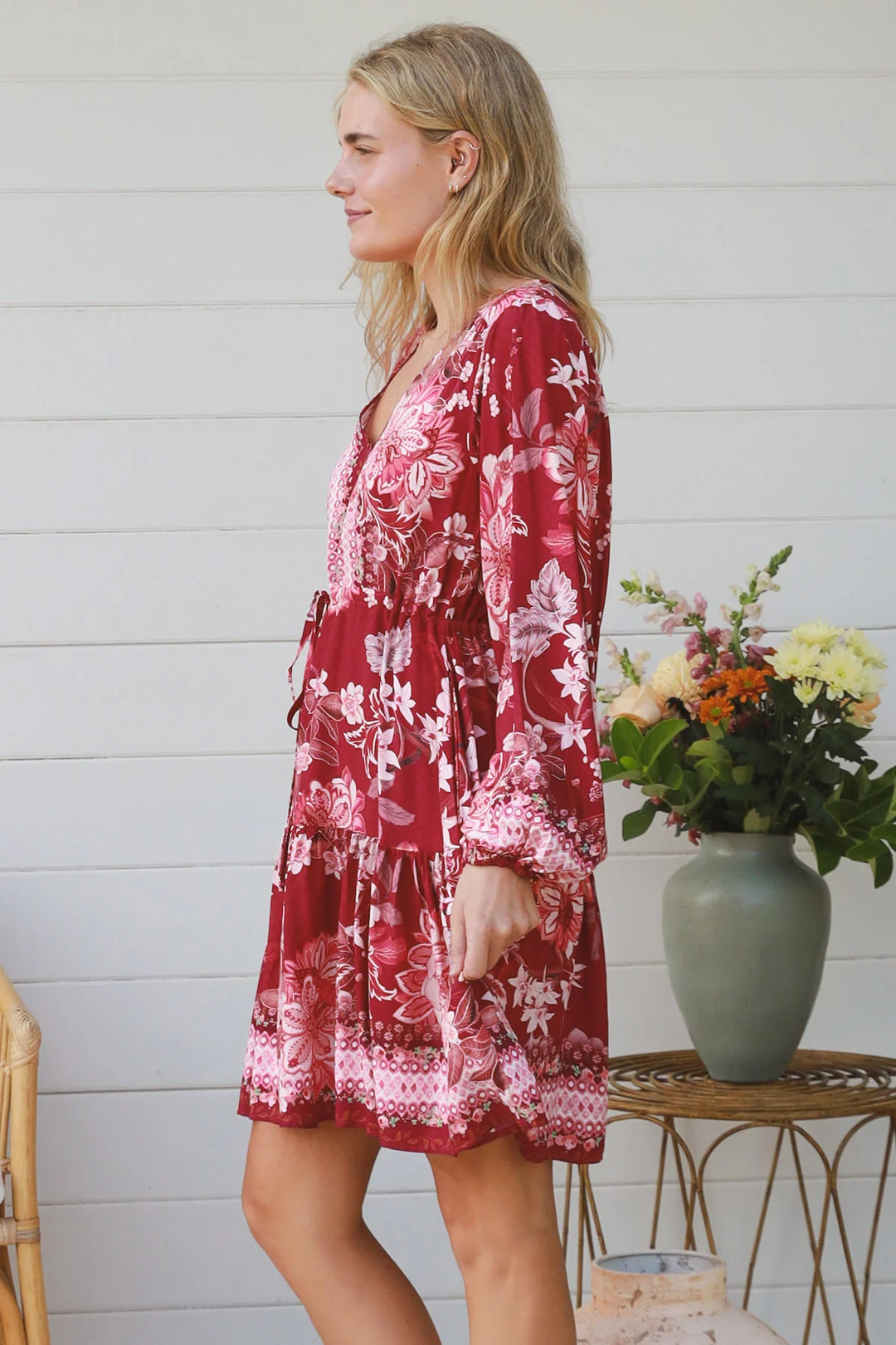 Fiona Knee Length Dress - Maroon Floral