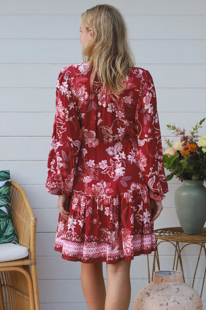 Fiona Knee Length Dress - Maroon Floral