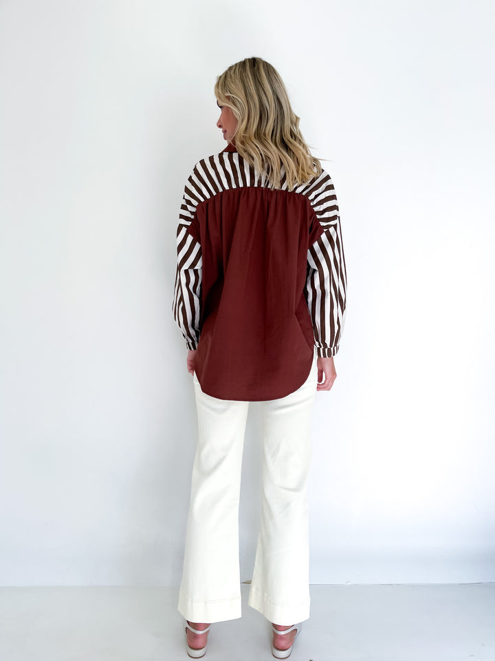 Harlow Stripe Block Elastic Yoke Shirt - Brown