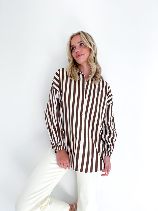 Harlow Stripe Block Elastic Yoke Shirt - Brown