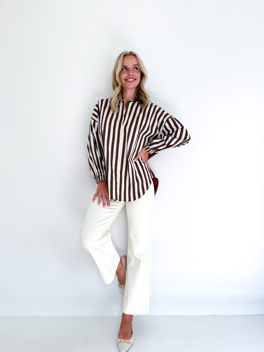 Harlow Stripe Block Elastic Yoke Shirt - Brown