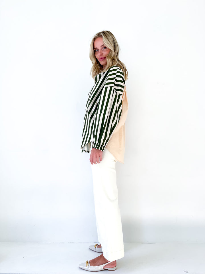 Harlow Stripe Block Elastic Yoke Shirt - Green