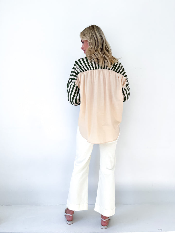 Harlow Stripe Block Elastic Yoke Shirt - Green