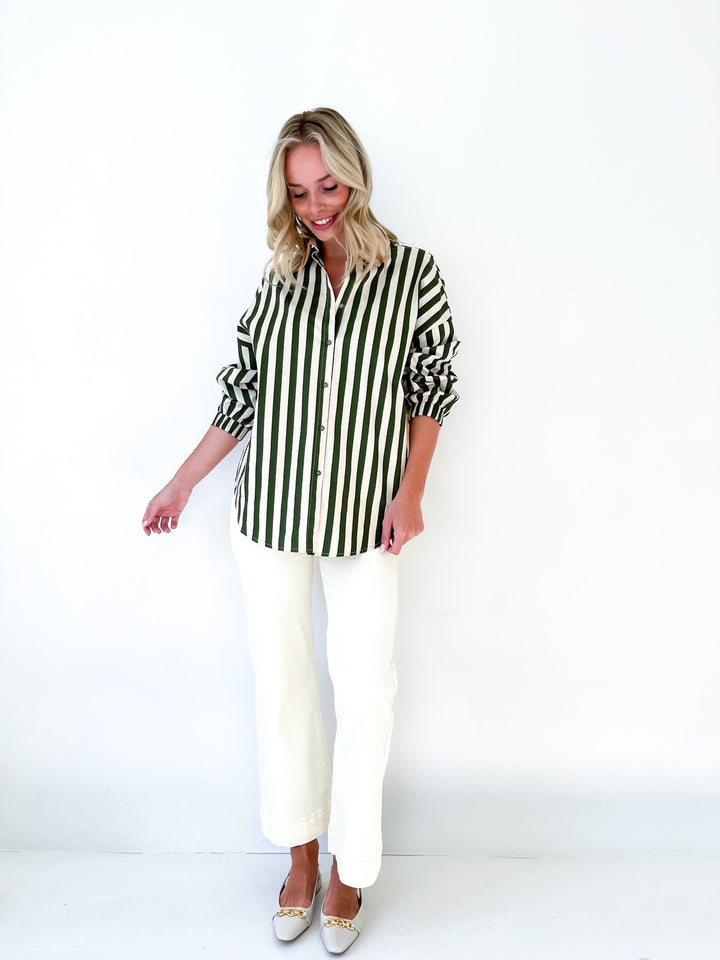 Harlow Stripe Block Elastic Yoke Shirt - Green