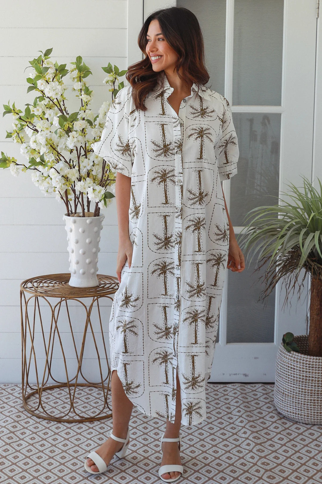 Isla Dress – White with green Palm Print