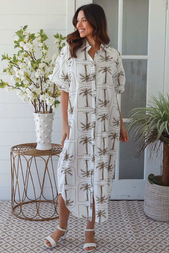 Isla Dress – White with green Palm Print