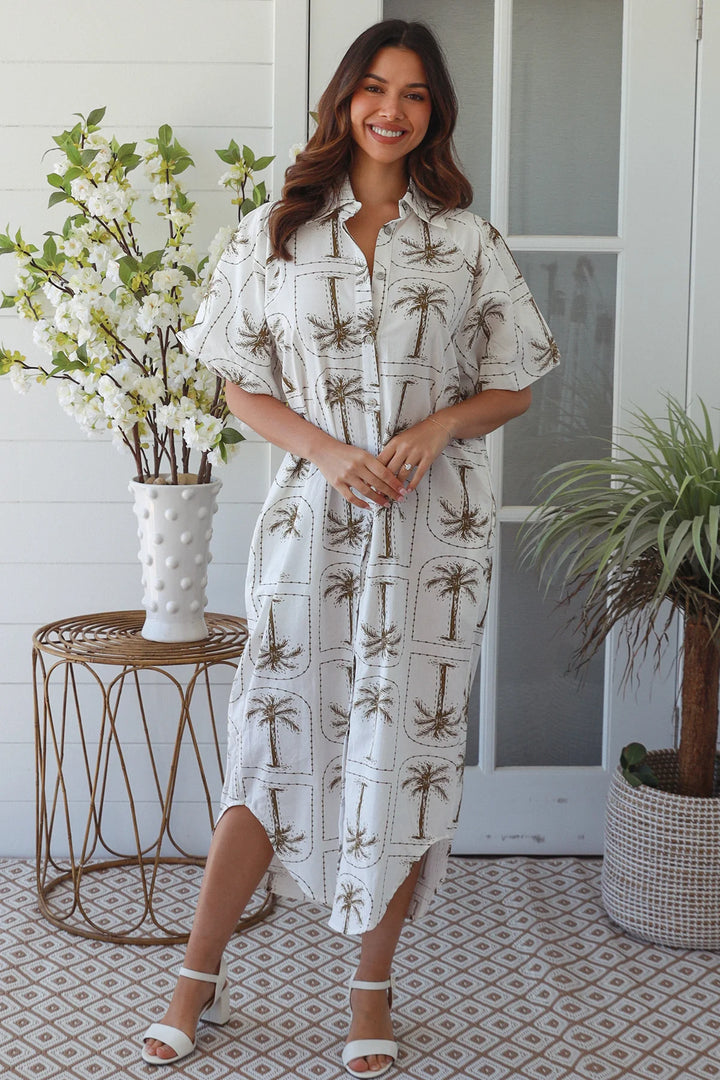 Isla Dress – White with green Palm Print