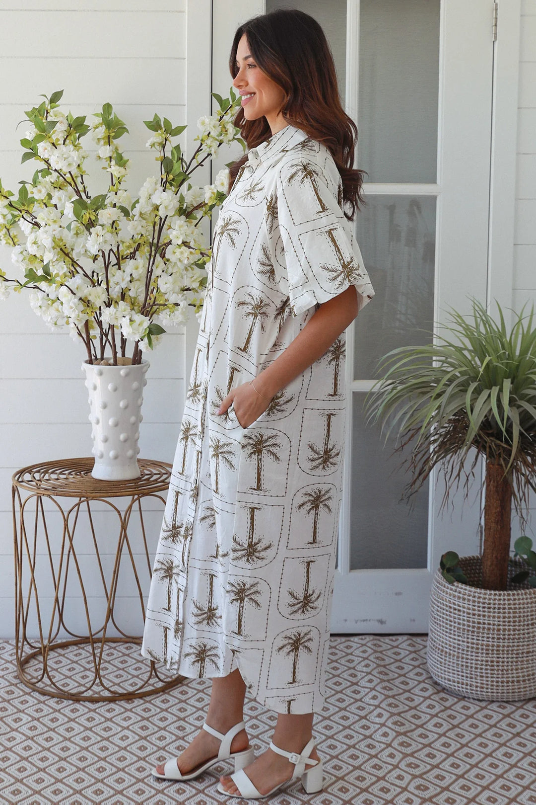 Isla Dress – White with green Palm Print