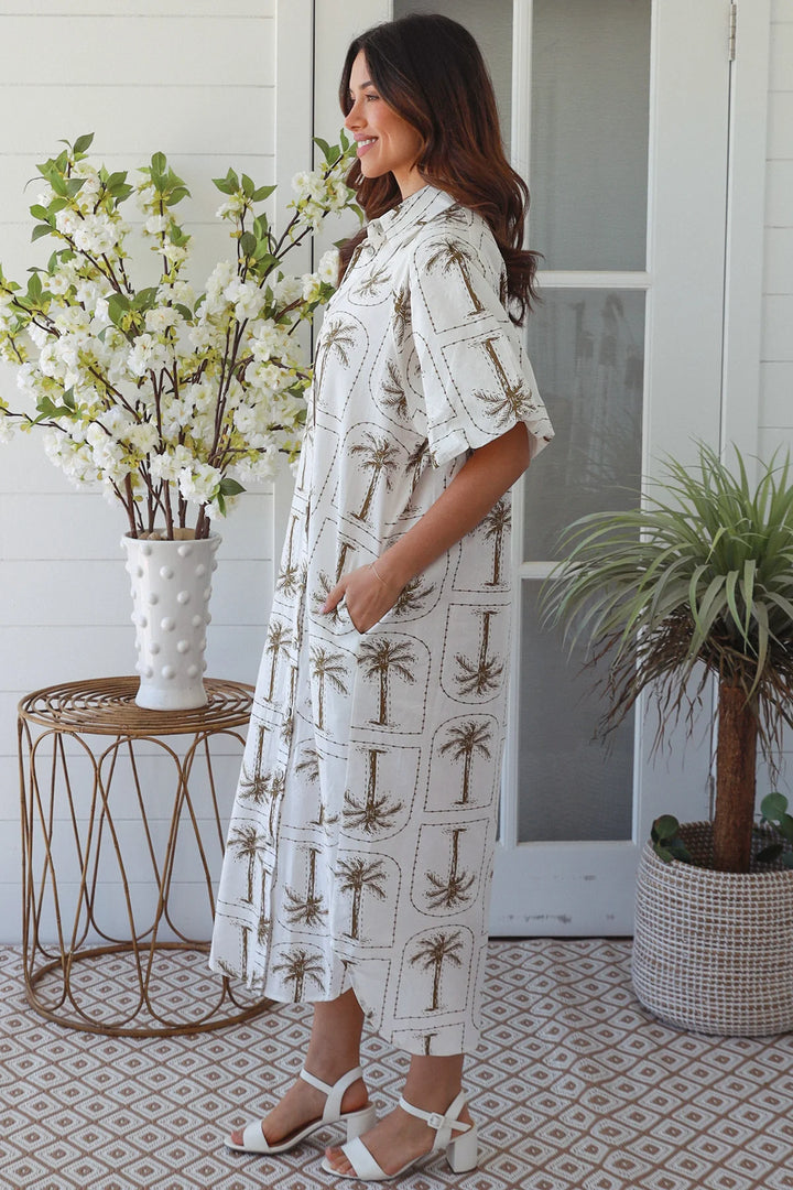 Isla Dress – White with green Palm Print