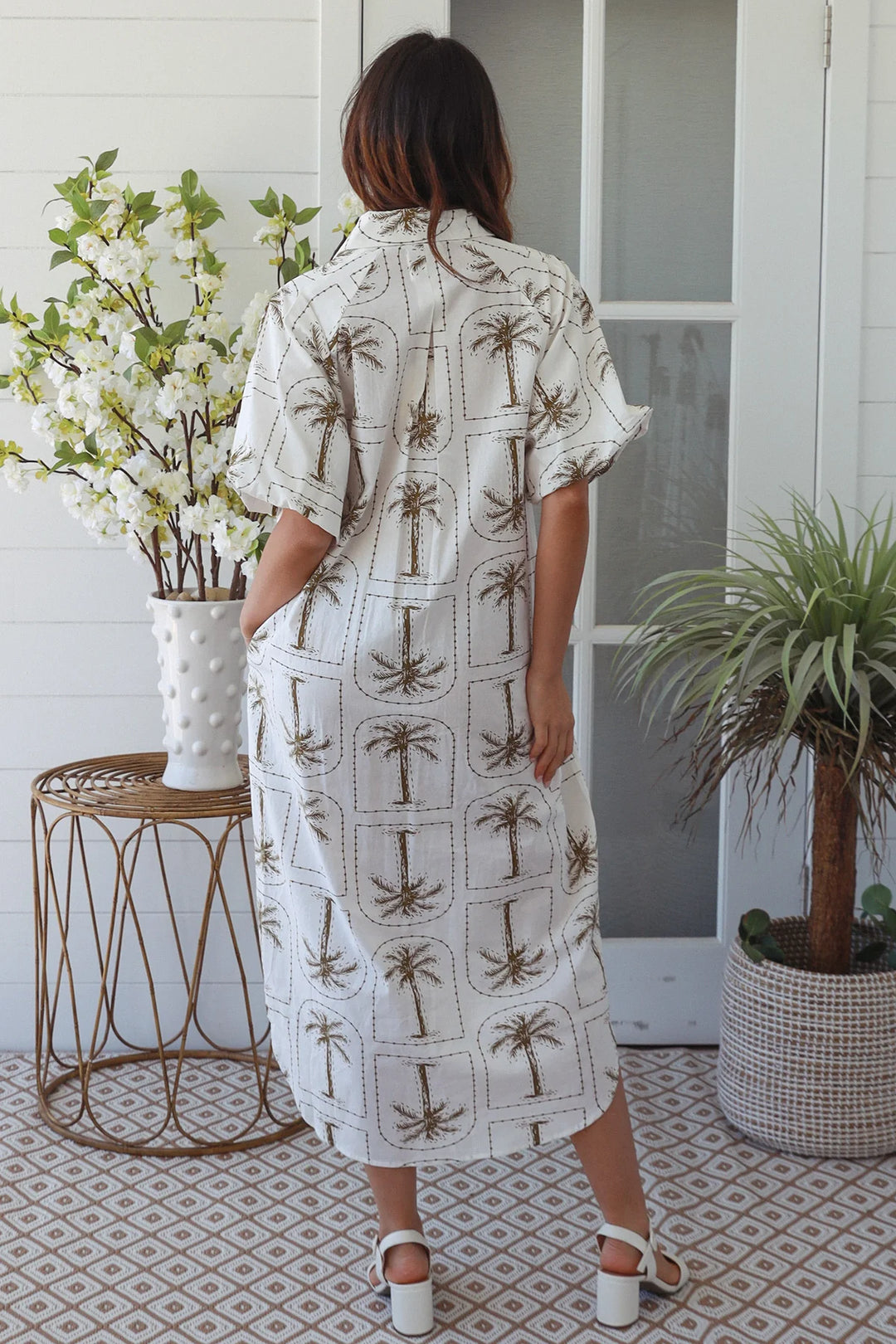 Isla Dress – White with green Palm Print