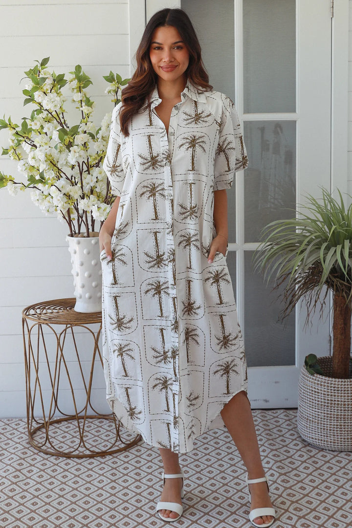 Isla Dress – White with green Palm Print