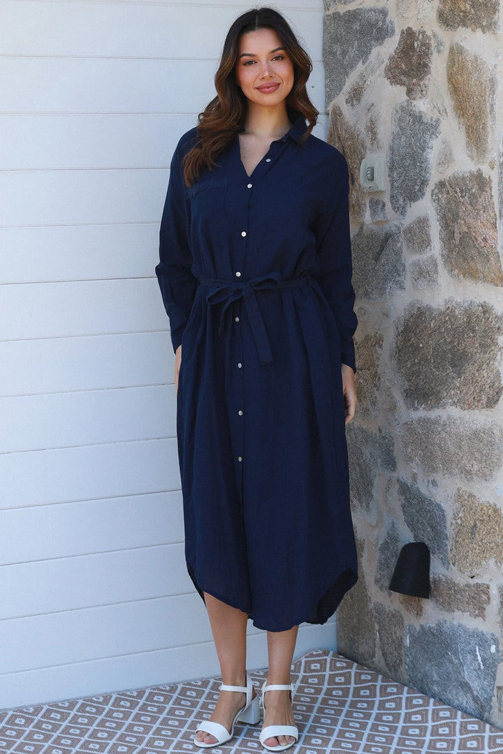 Jane Shirt Midi Dress-Navy