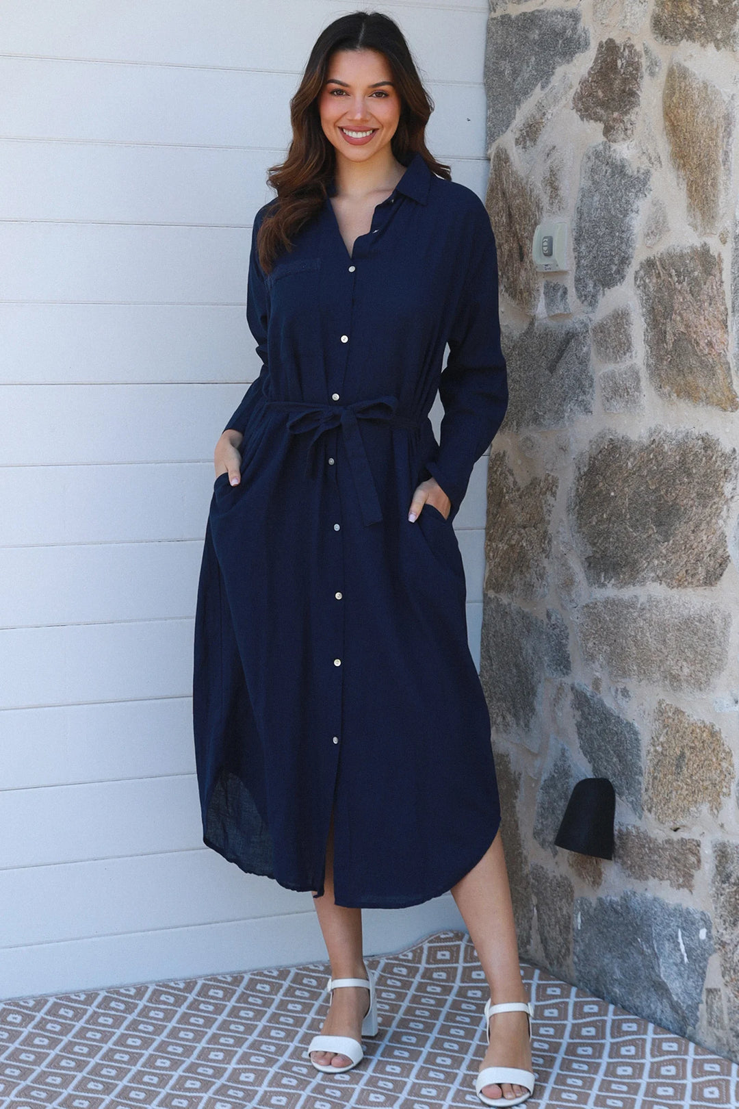 Jane Shirt Midi Dress-Navy