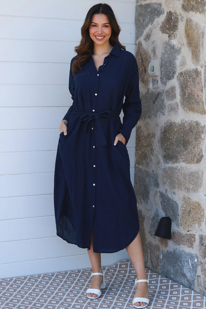 Jane Shirt Midi Dress-Navy
