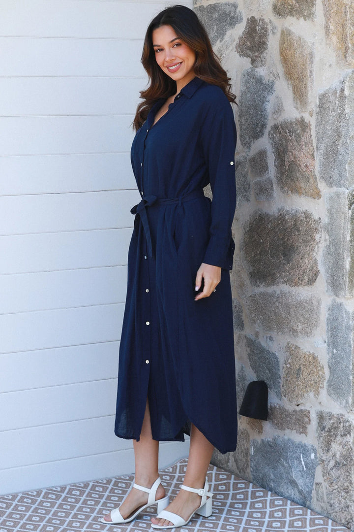 Jane Shirt Midi Dress-Navy