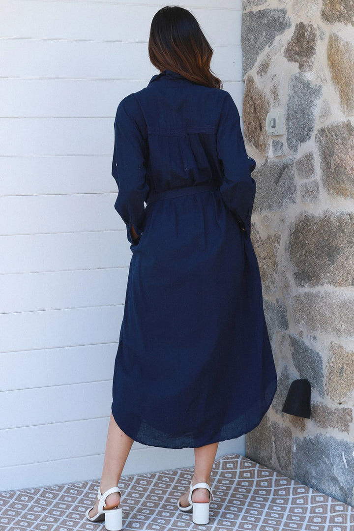 Jane Shirt Midi Dress-Navy