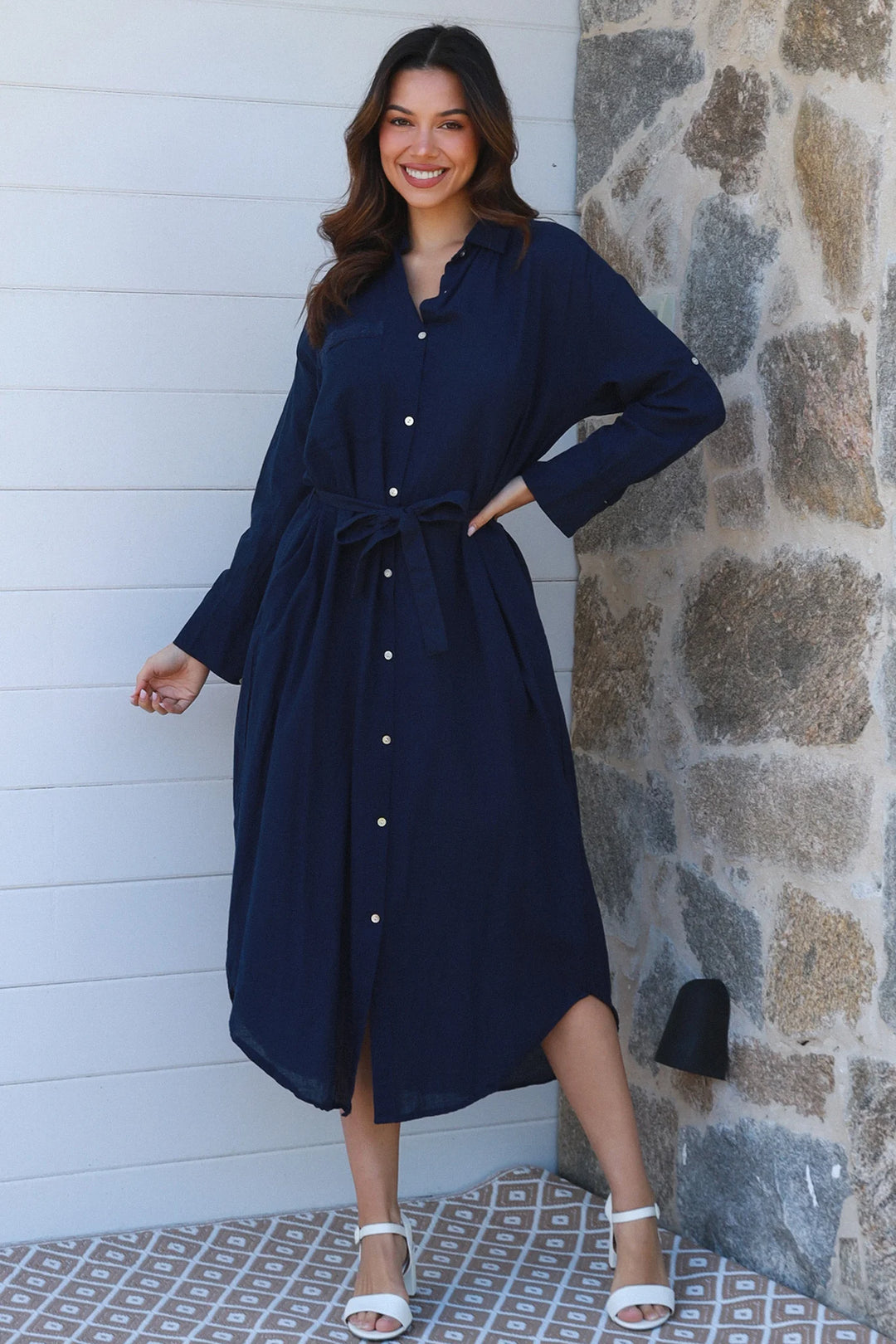 Jane Shirt Midi Dress-Navy