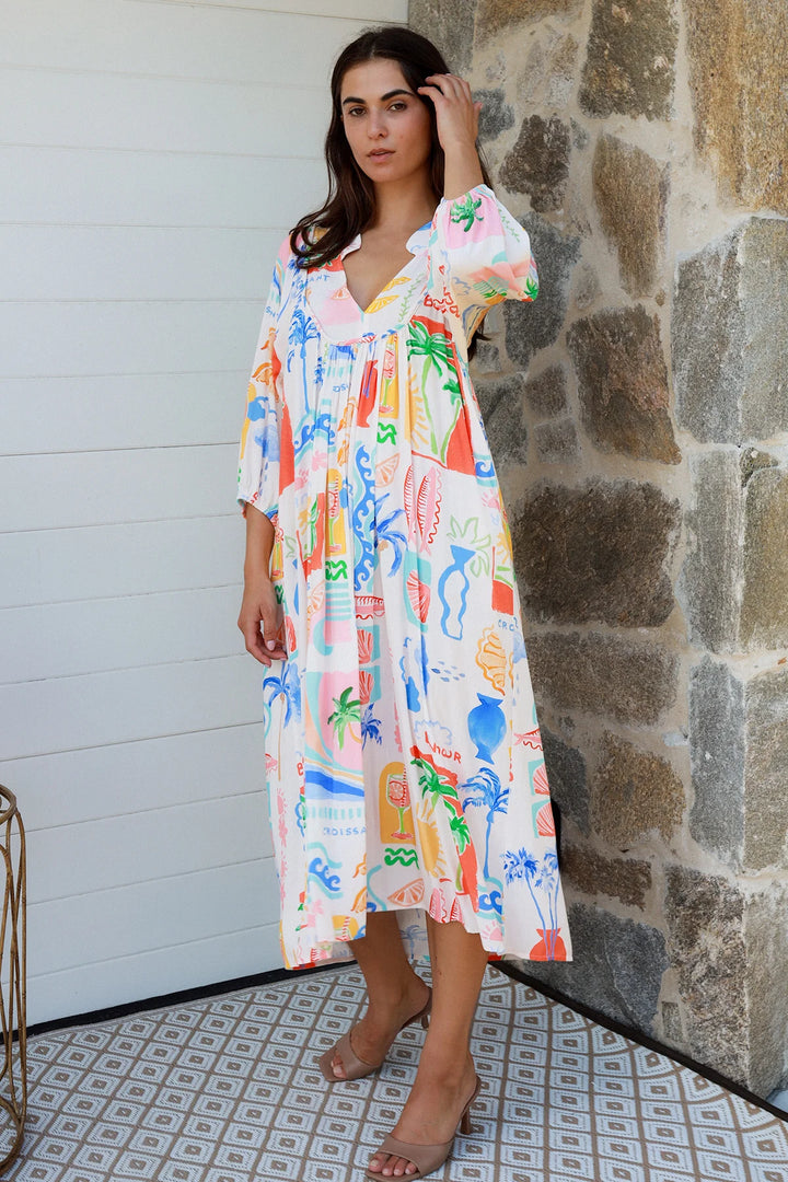 Keziah Midi Dress — White Bright Print