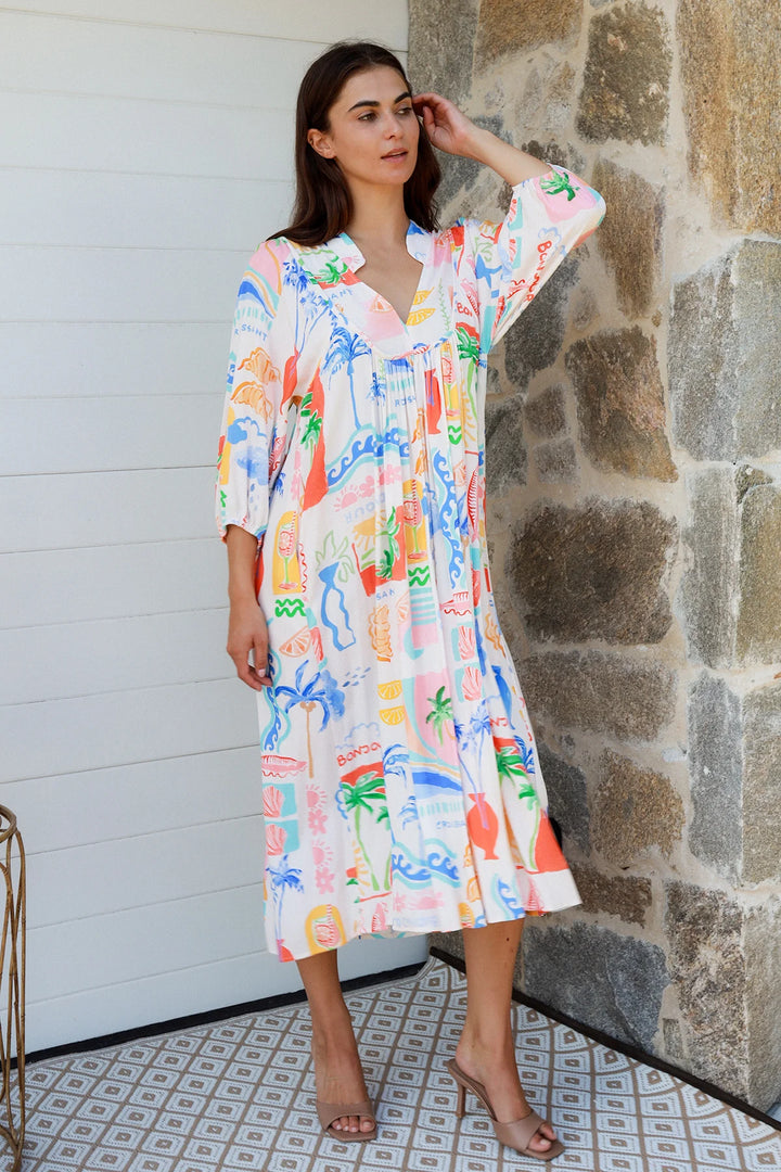 Keziah Midi Dress — White Bright Print
