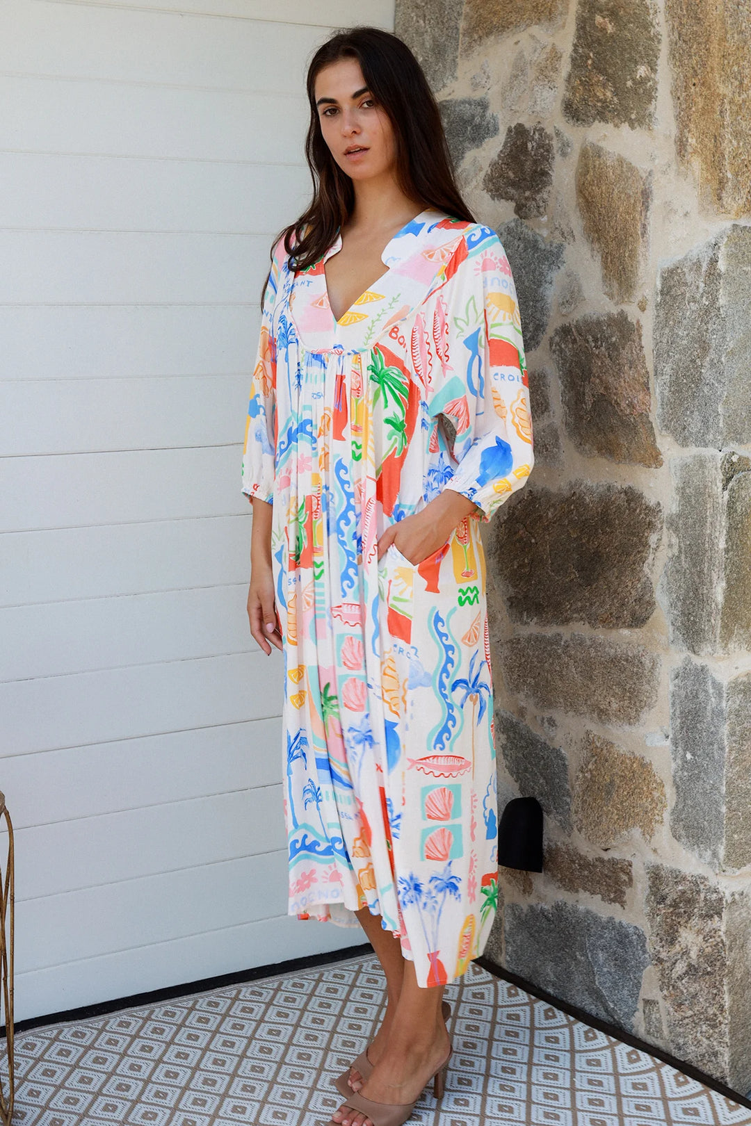 Keziah Midi Dress — White Bright Print