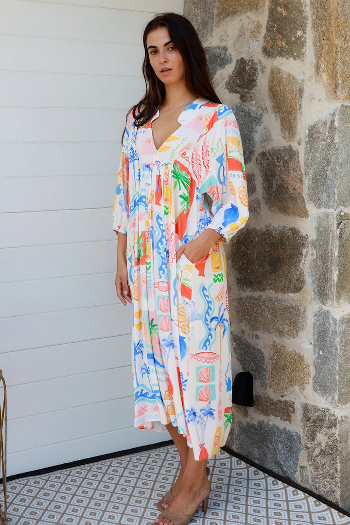 Keziah Midi Dress — White Bright Print