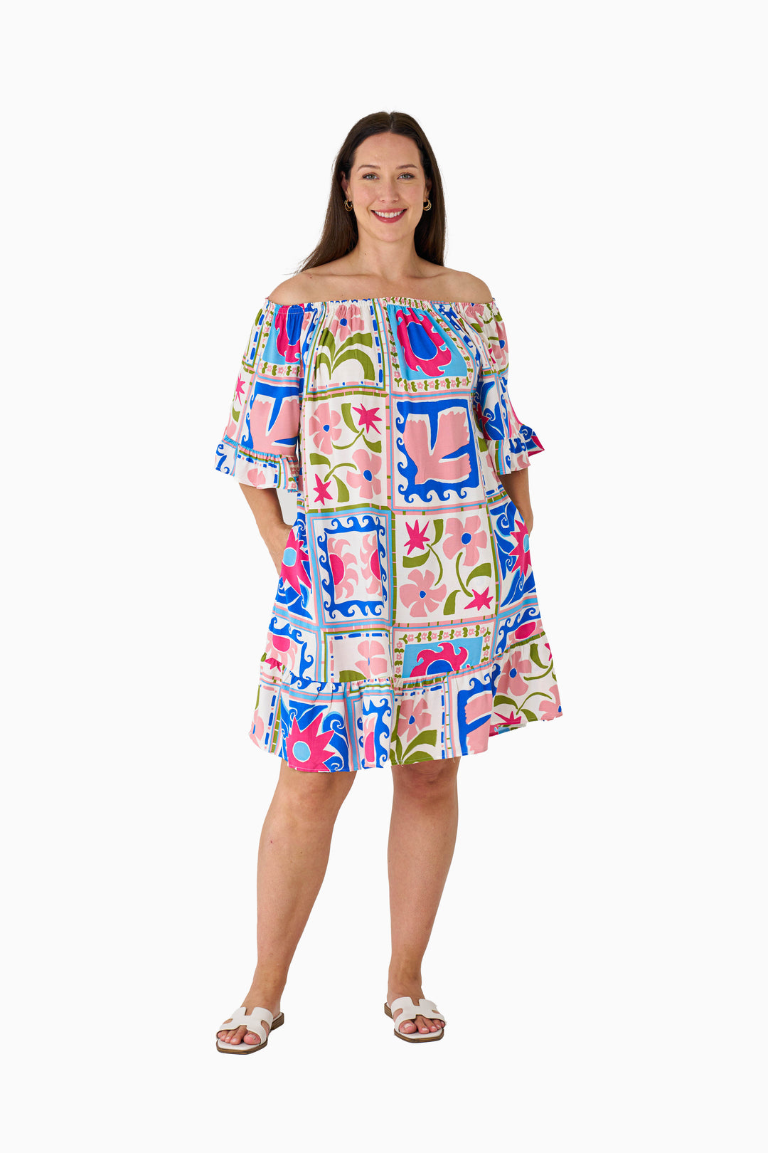 Lani Off Shoulder Dress - Multi Colour Block