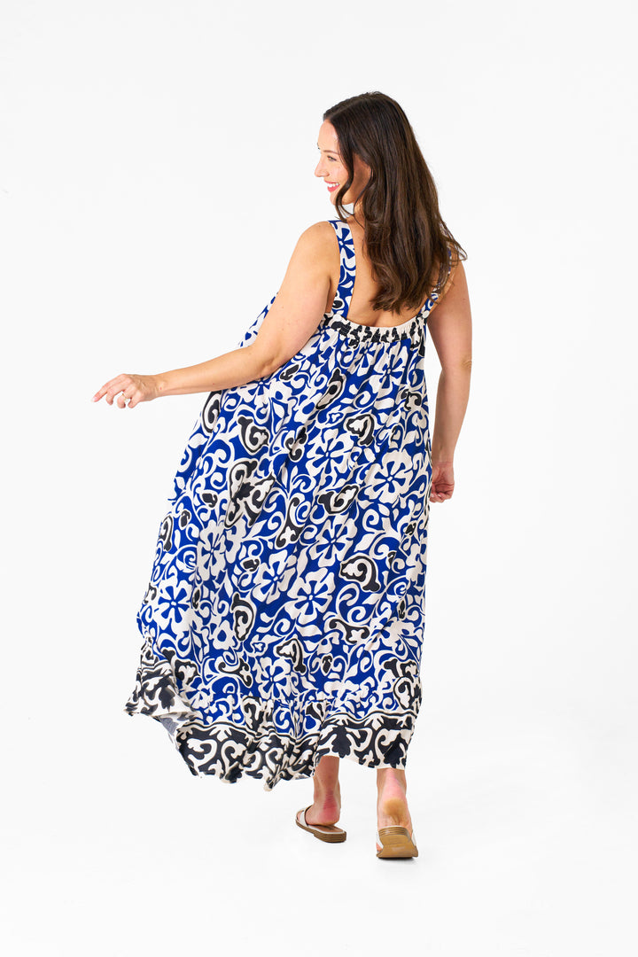 Lindy Strap Dress- Blue print