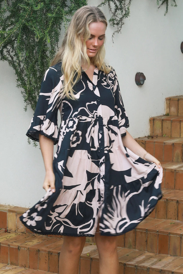 Mia Dress - Black with Beige Flowers
