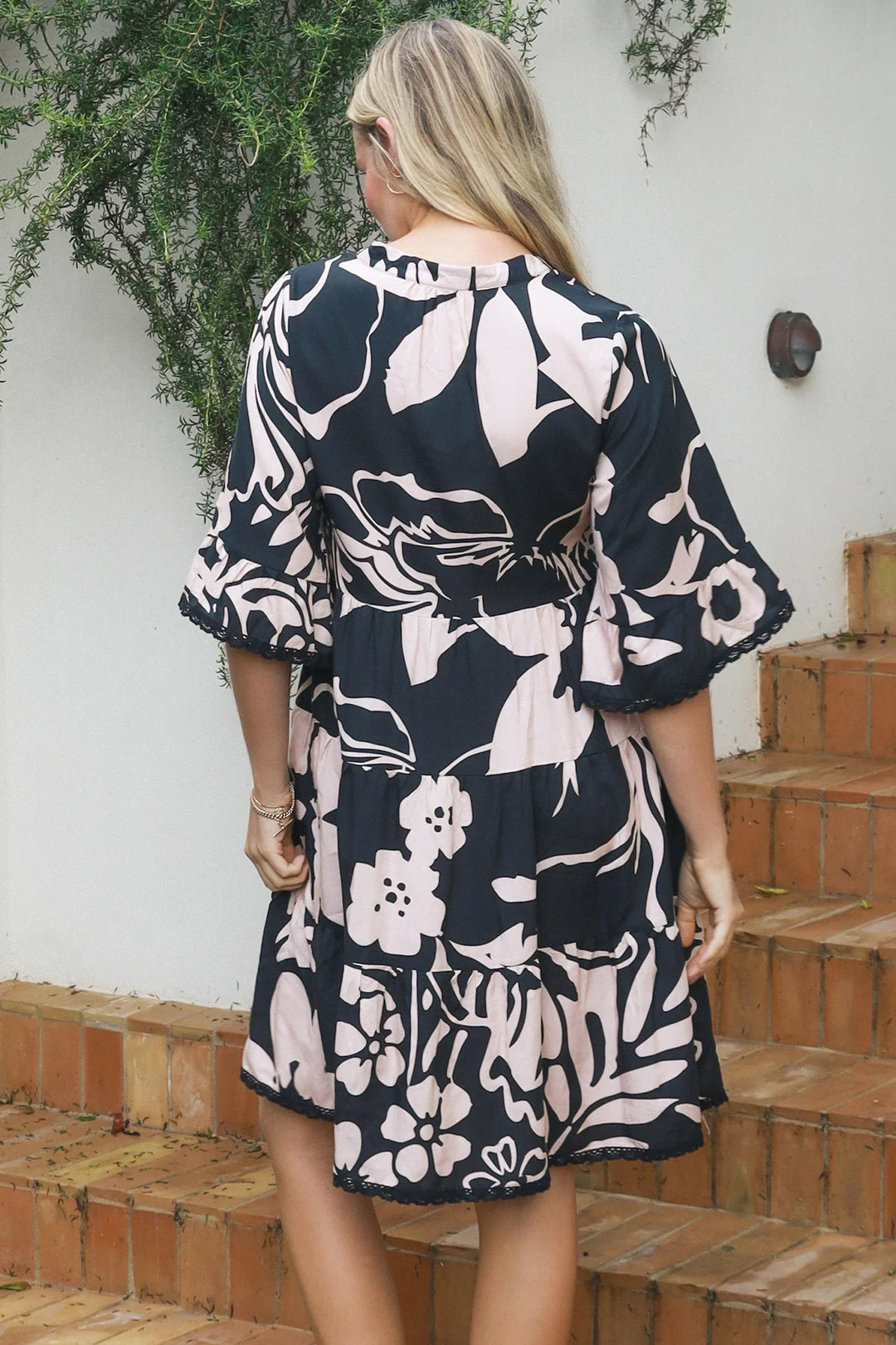Mia Dress - Black with Beige Flowers