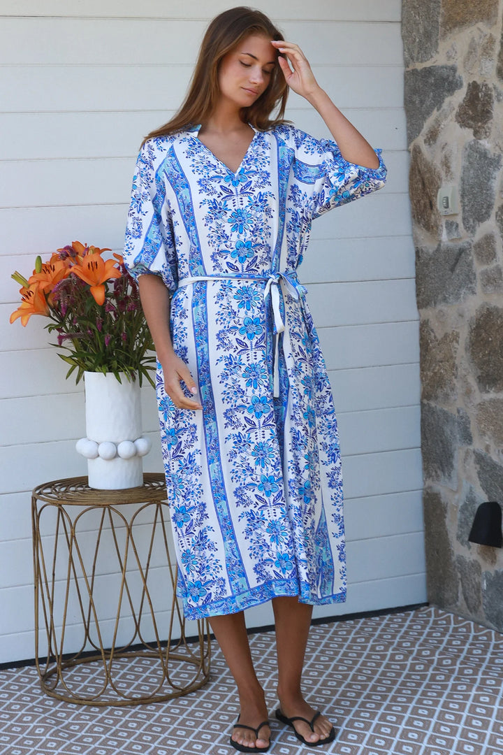 Neriah Midi Dress – Blue & White Print