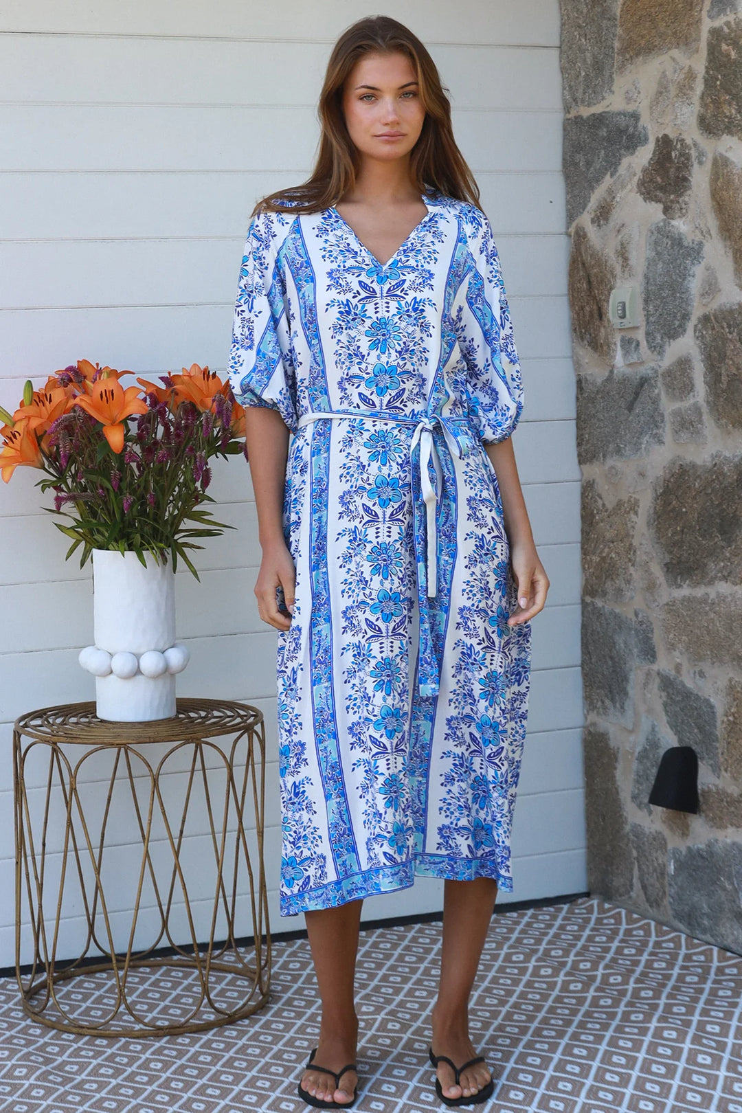 Neriah Midi Dress – Blue & White Print