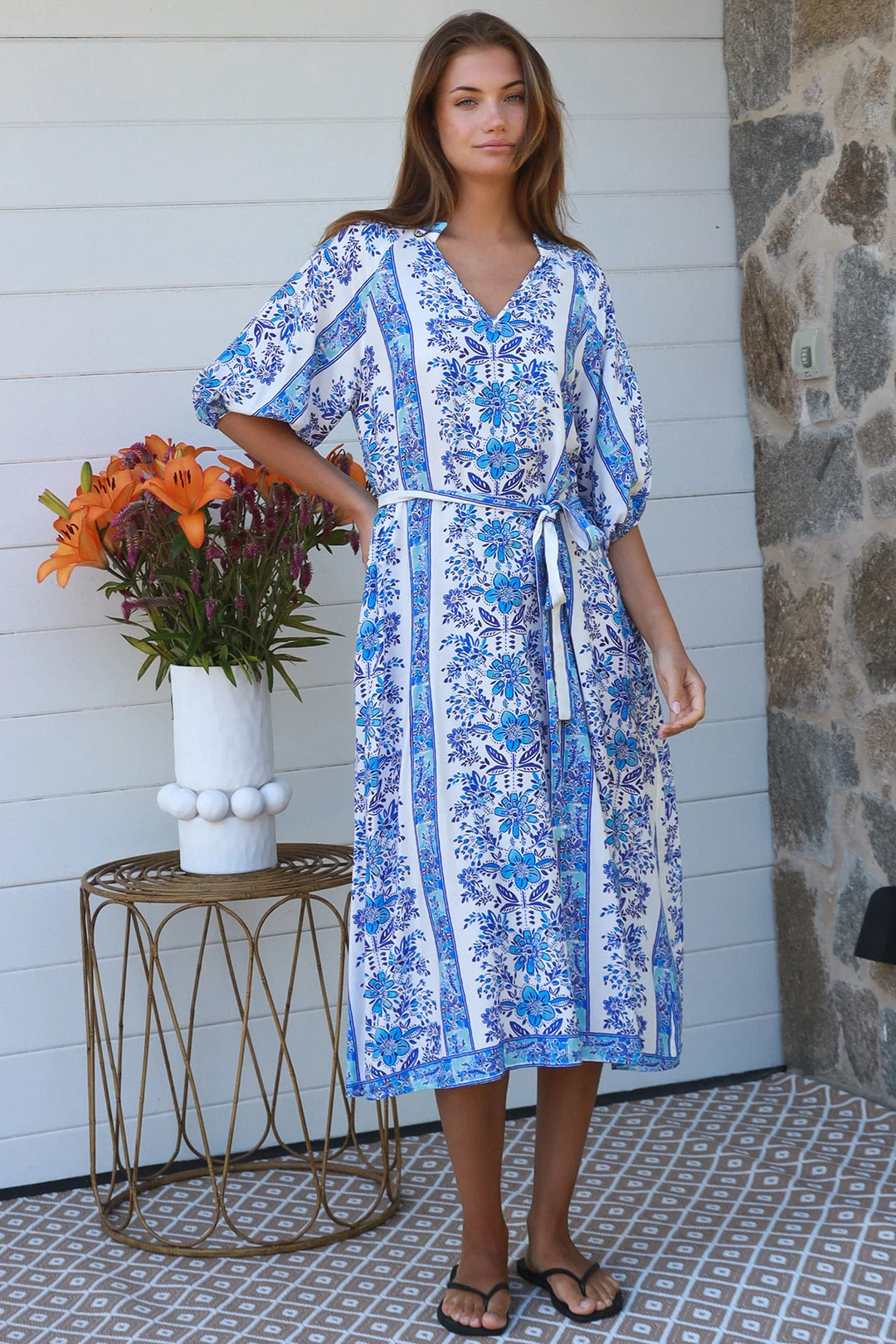 Neriah Midi Dress – Blue & White Print