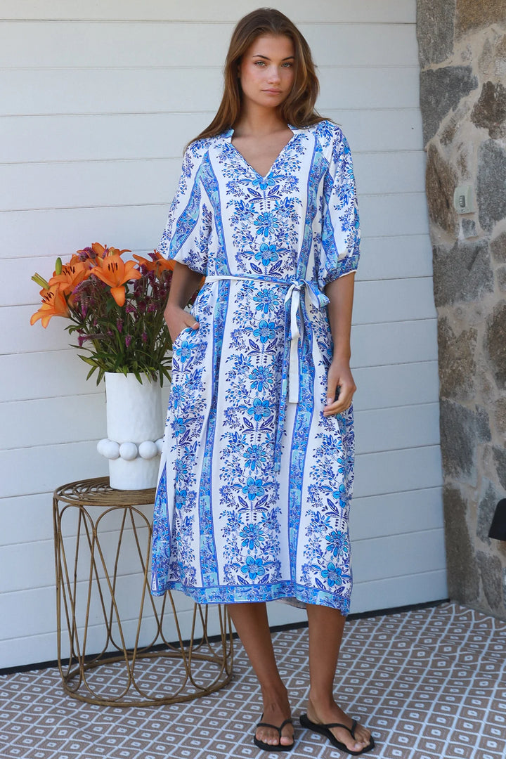 Neriah Midi Dress – Blue & White Print