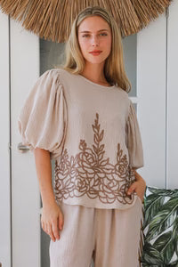 Penelope Embroidered Top – Beige
